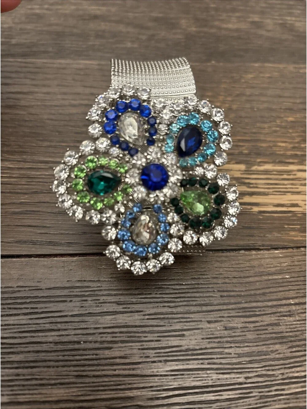 Silver Tone rhinestone wide stretch floral bracelet With Free Earrings
